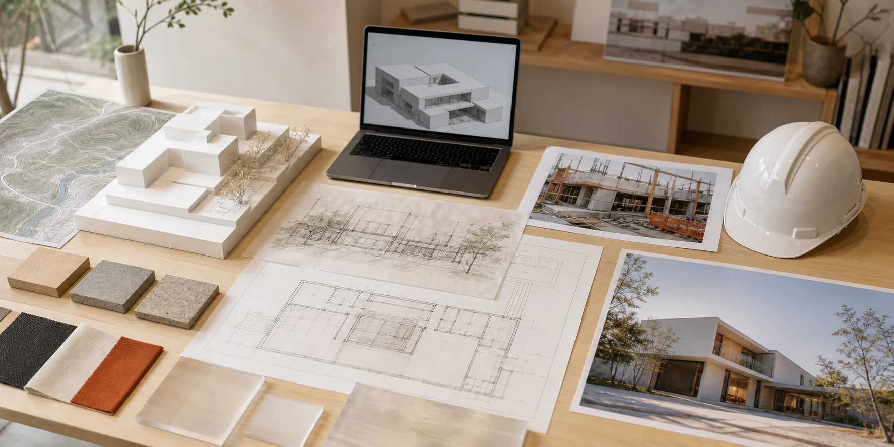 敷地資料、建築模型、図面、BIMモデル、現場写真、竣工写真を一つの机上に並べた建築プロジェクトのイメージ