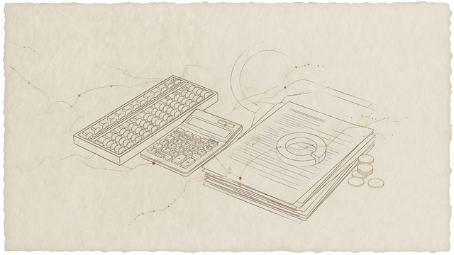 そろばんと電卓、書類や硬貨を描いた助成金のイメージイラスト