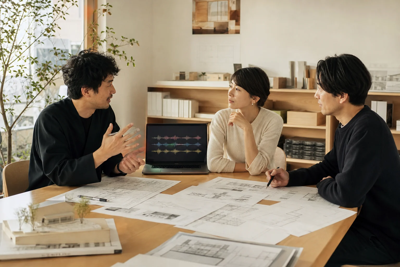 建築図面を囲む打合せと音声波形を表示するノートPC