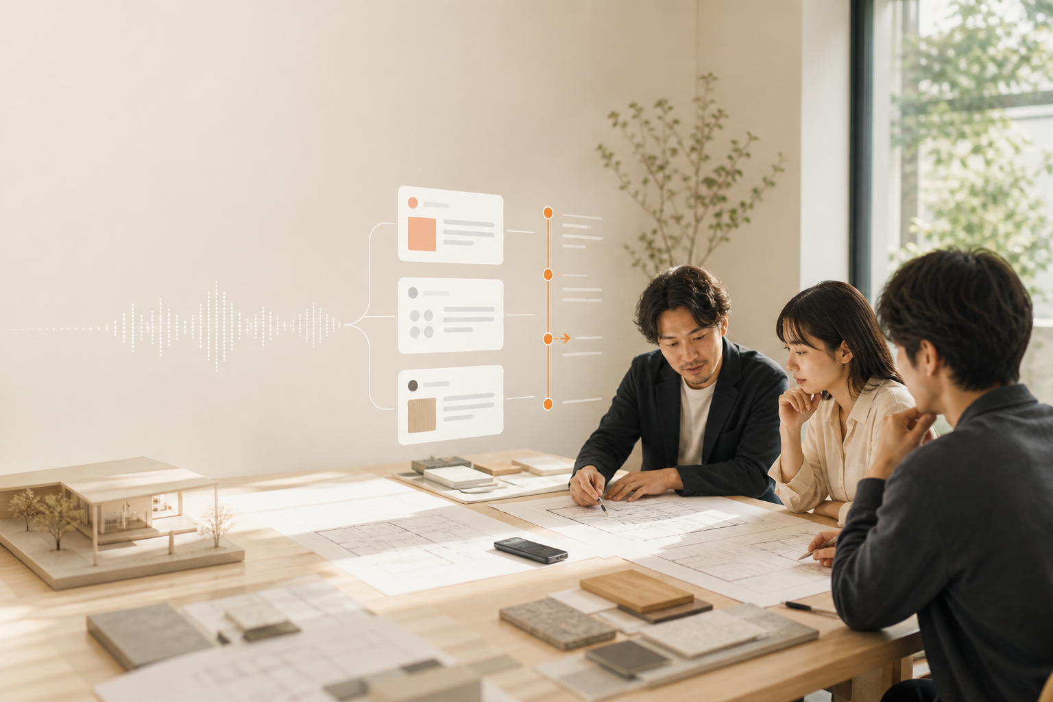 建築図面を囲む打合せで、会話が決定事項とタスクへ整理されていく様子