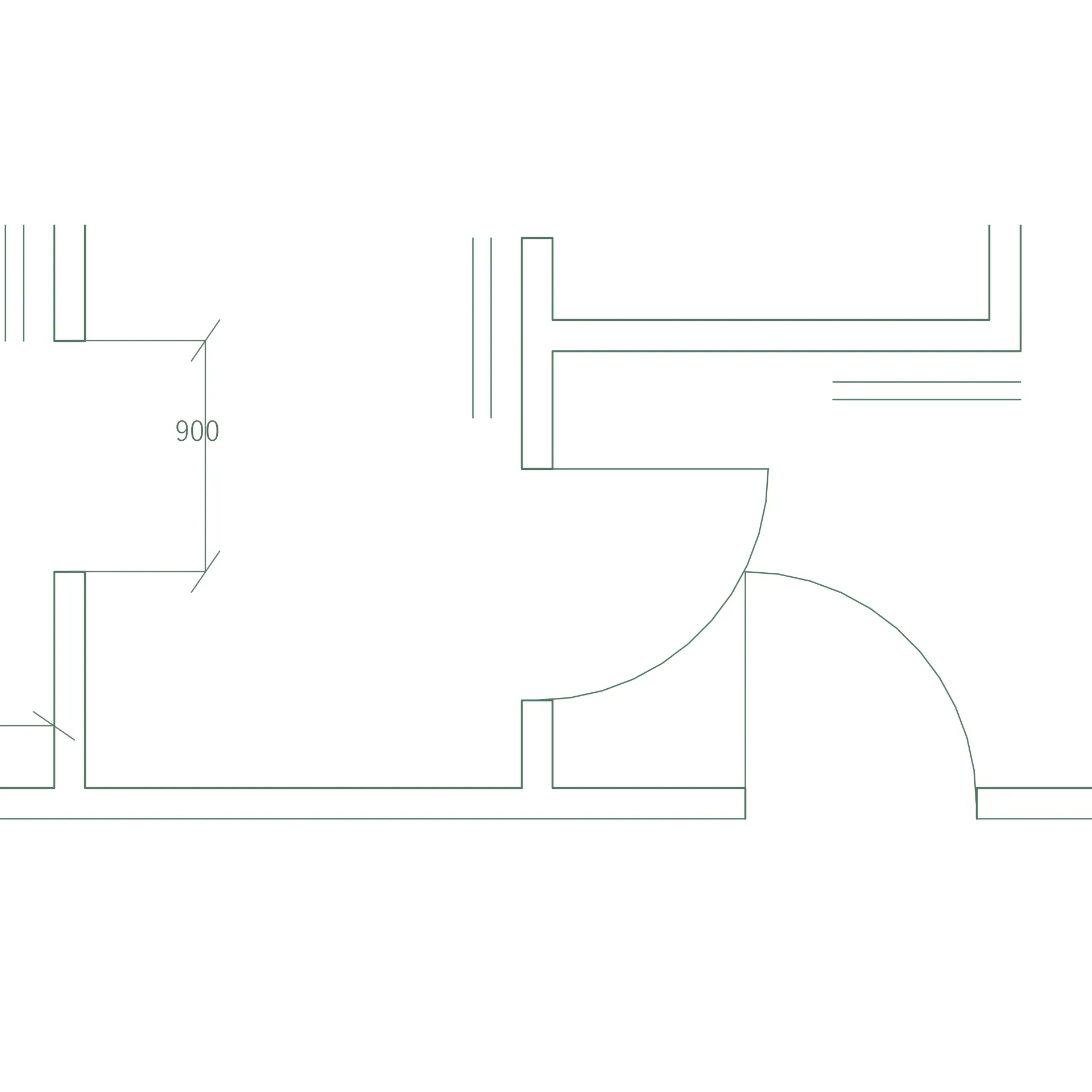 出力1のDXFから再描画した玄関。WD1の戸軌跡は折れ線、WD4寸法は線と文字に分かれている