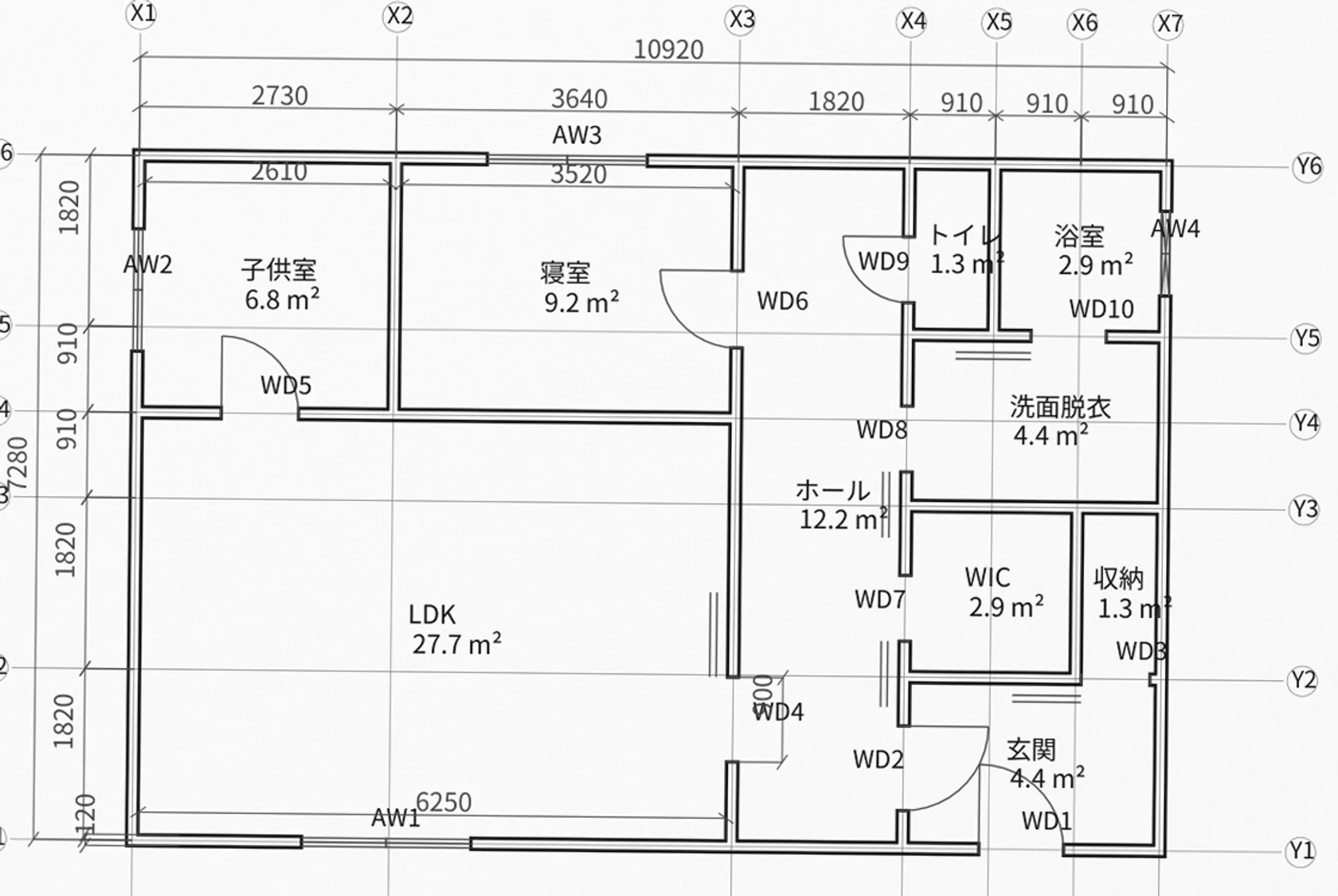 スキャン図面から切り抜いて拡大した平面図。右下収納と玄関の境界、WD3の位置に確認ピン