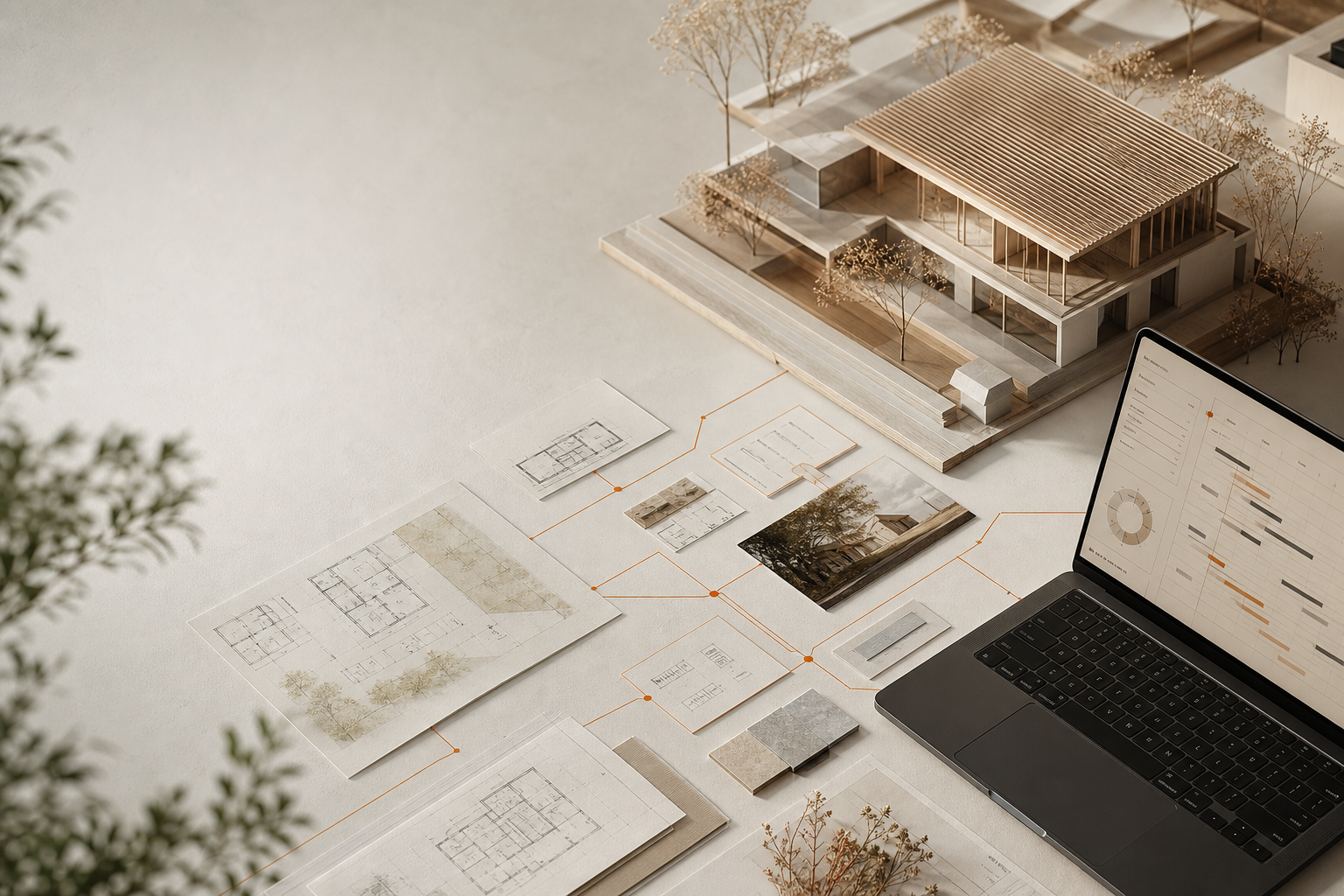 建築模型、工程表、タスクカードが一つの机上でつながる建築プロジェクト管理のイメージ