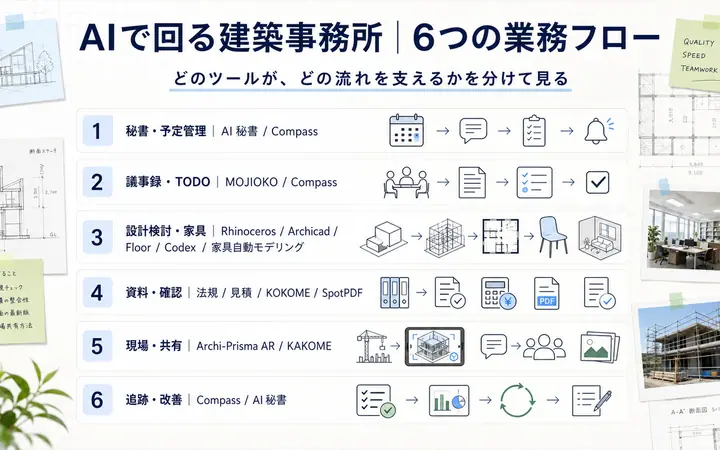 建築業務とAIツールの流れを示す資料