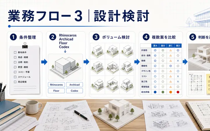 建築のデザイン検討とAI活用を示す資料